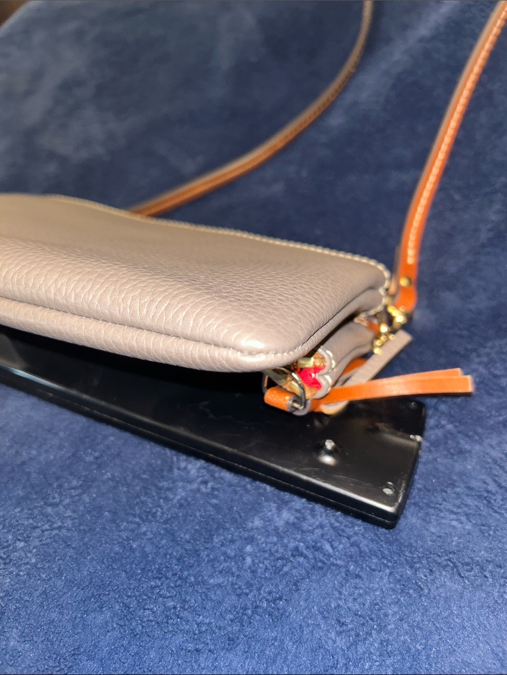 Dooney & Bourke Pebble Leather Crossbody Bag in Taupe with Orange Strap - Picture 4 of 8